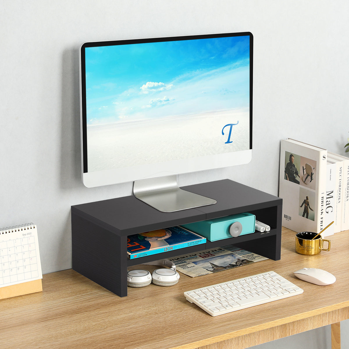 20" Wood Monitor Riser Stand with 2-Tier Storage