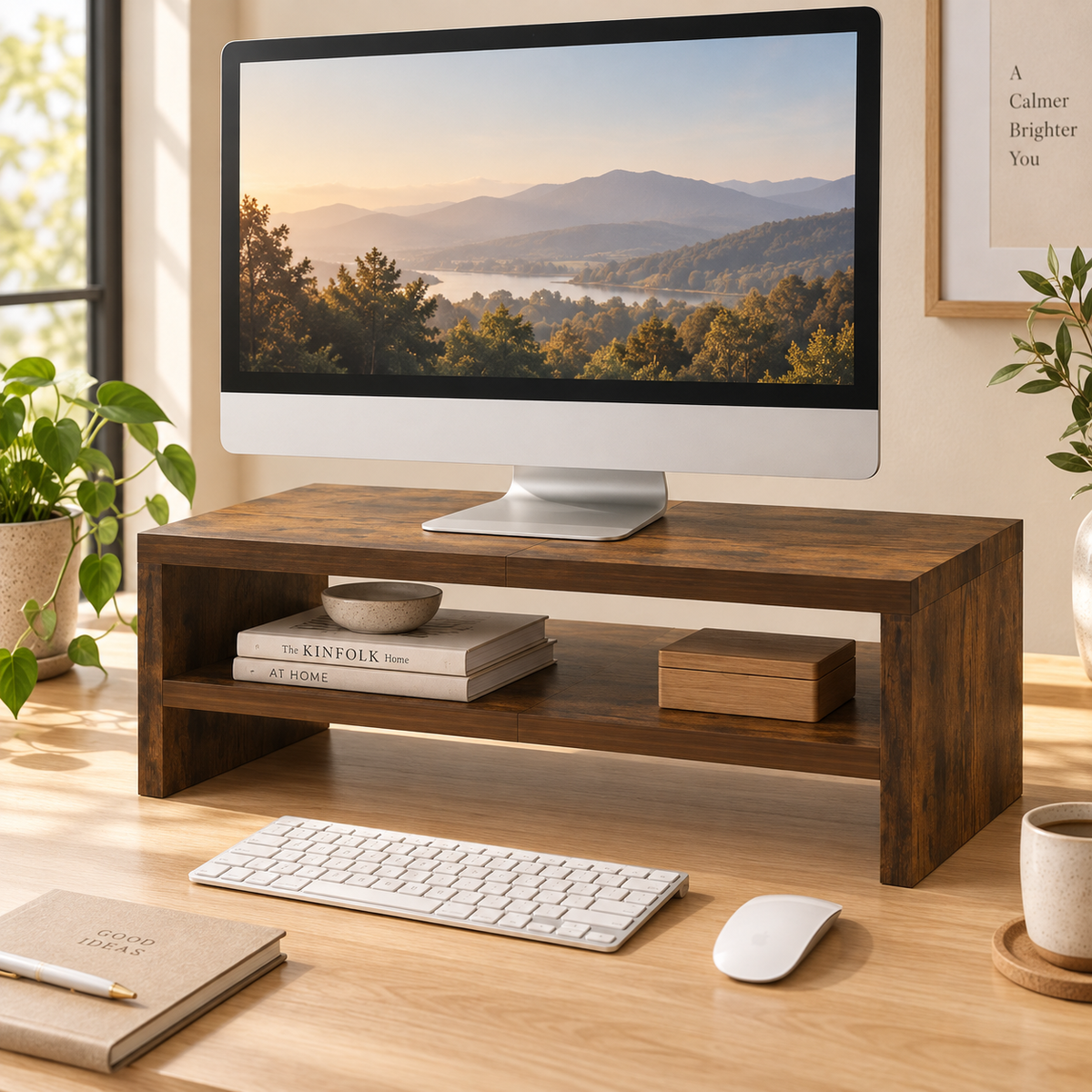 Teamix 20" Wood Monitor Riser Stand with 2-Tier Storage