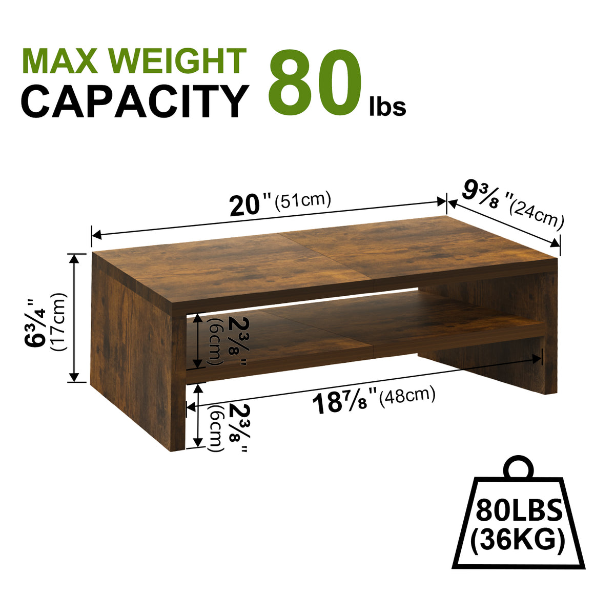 20" Wood Monitor Riser Stand with 2-Tier Storage