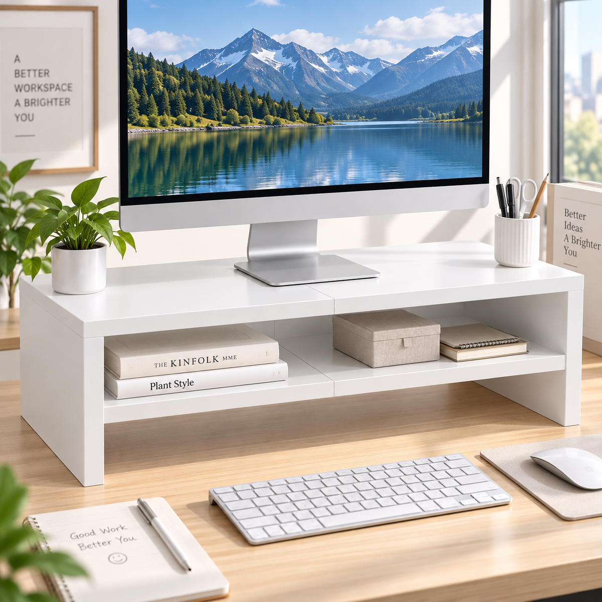 Teamix 20" Wood Monitor Riser Stand with 2-Tier Storage
