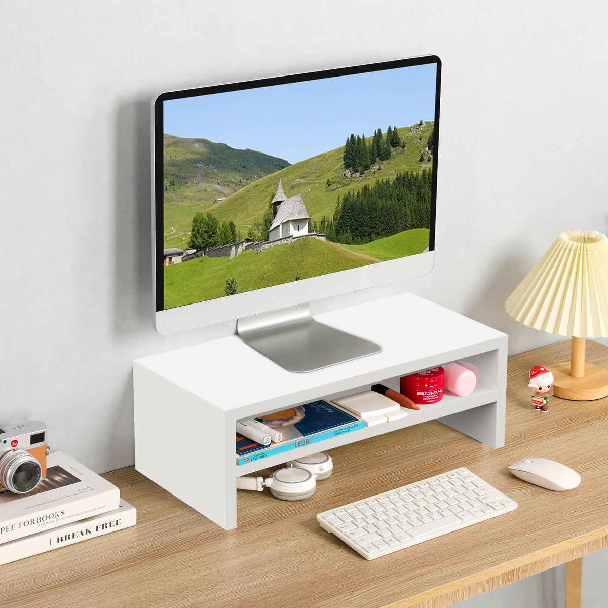 20" Wood Monitor Riser Stand with 2-Tier Storage
