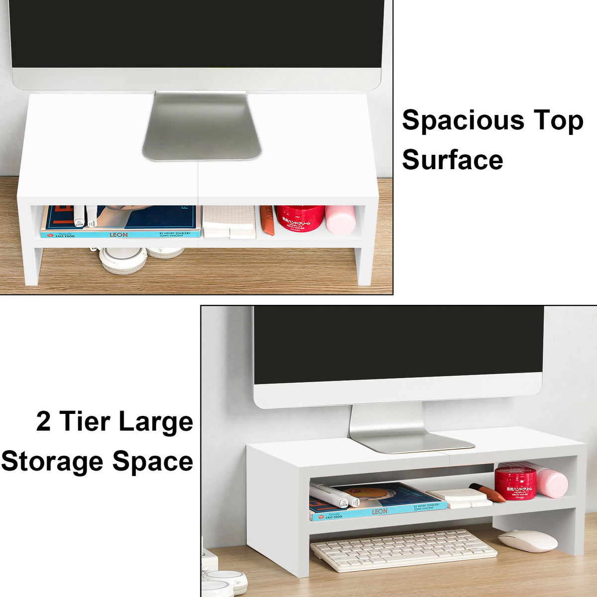20" Wood Monitor Riser Stand with 2-Tier Storage