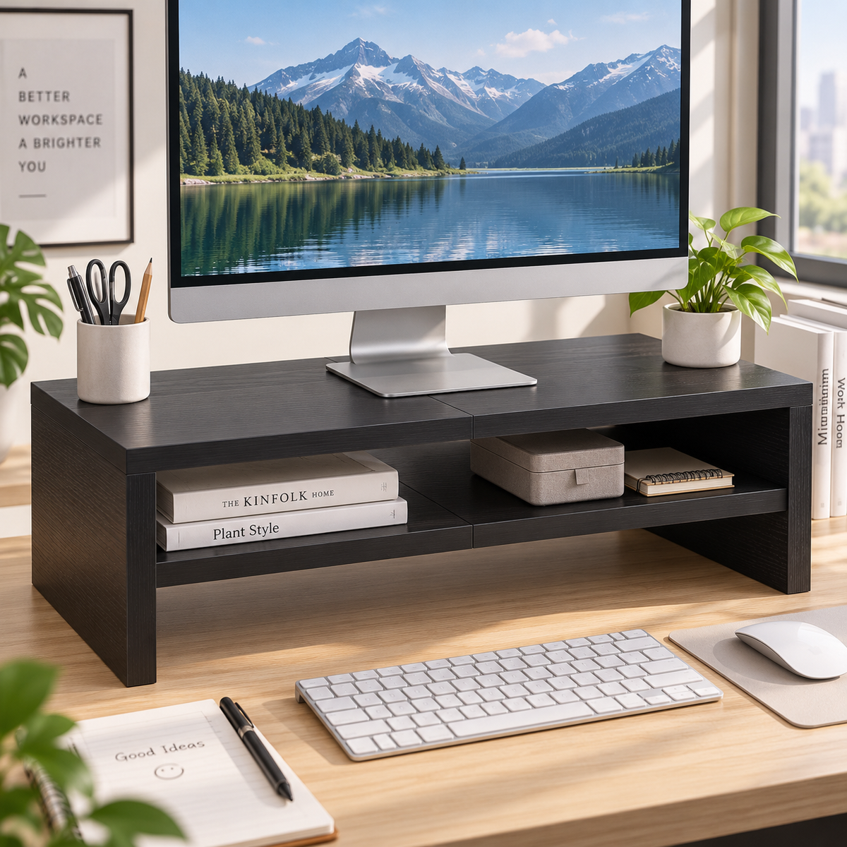 Teamix 20" Wood Monitor Riser Stand with 2-Tier Storage
