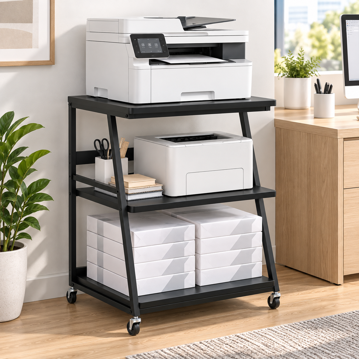 Teamix heavy-duty 3-tier rolling printer stand for large office equipment