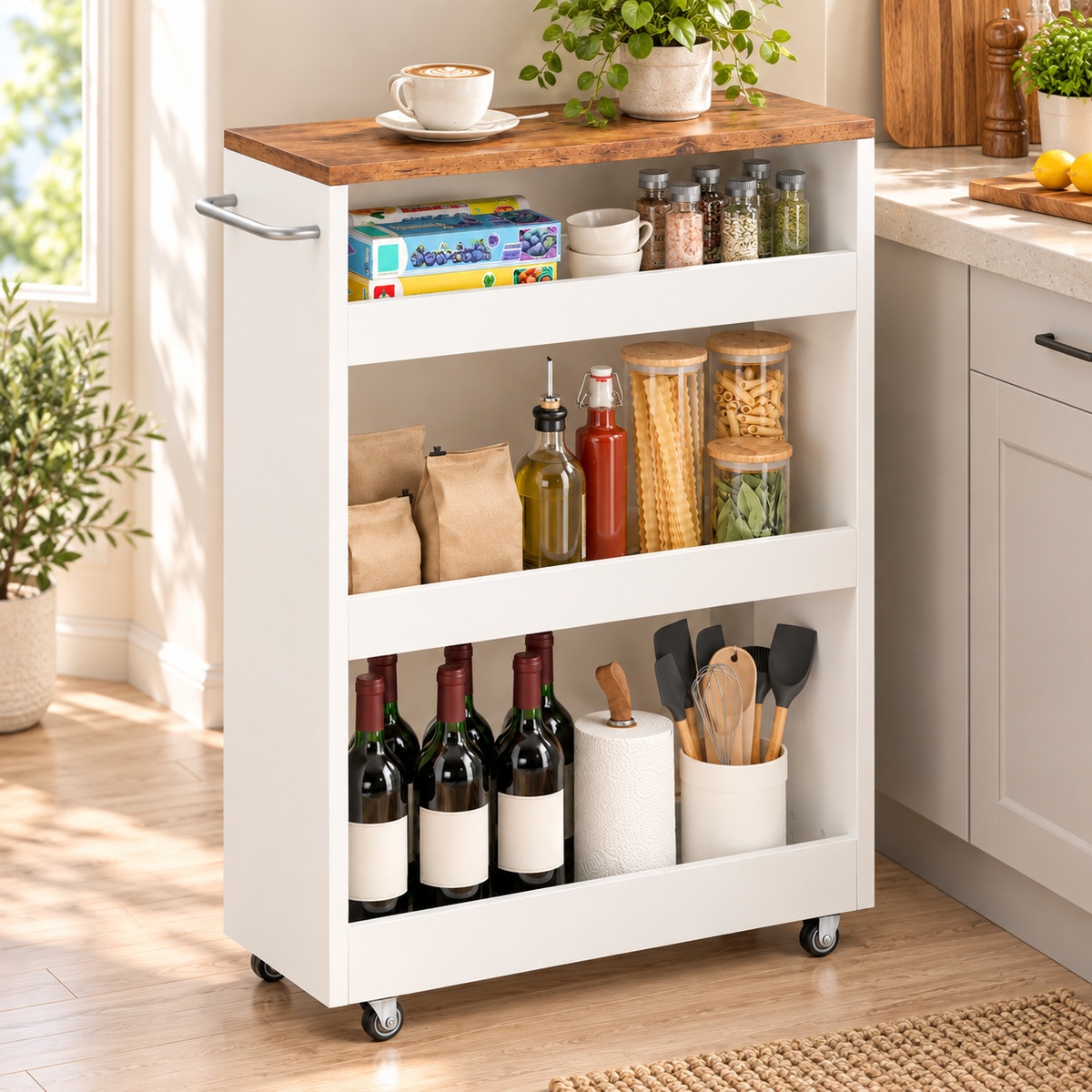 Teamix Wood 4-Tier Slim Rolling Storage Cart, 7.9"W, 24.8"D, 36.7"H