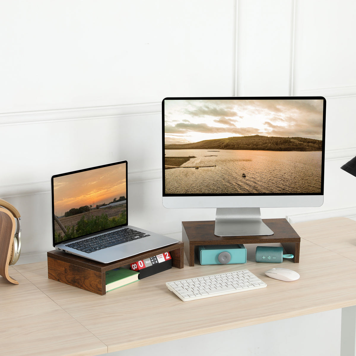 2-Pack 14.2 inch Wood Monitor Stand Riser for Desk