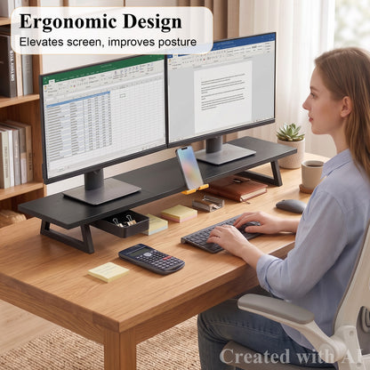 Teamix 39.4-inch dual monitor stand riser with drawer and phone holder