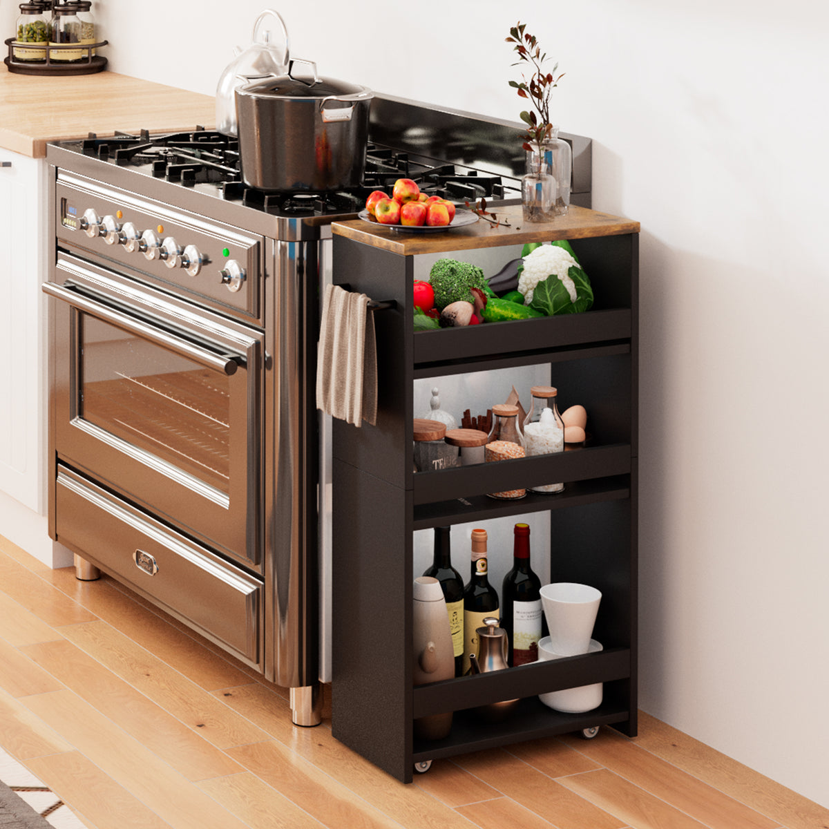 Slim Rolling Storage Cart, Wood 4-Tier Narrow Kitchen/Laundry Cart