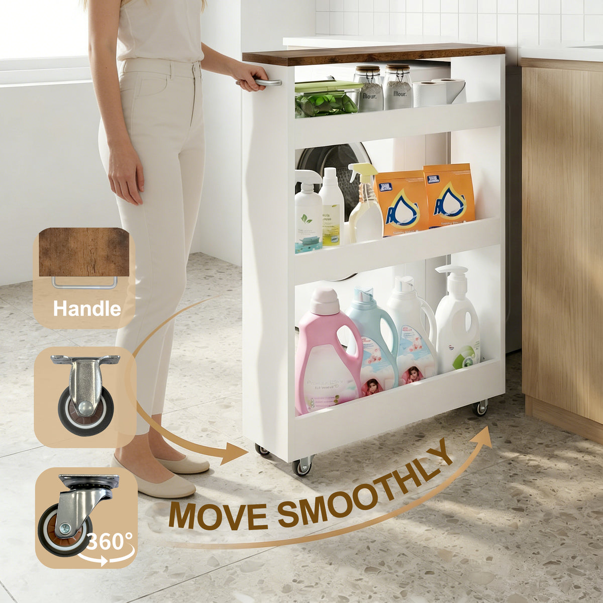 Wood 4-Tier Slim Rolling Storage Cart, 7.9"W, 24.8"D, 36.7"H