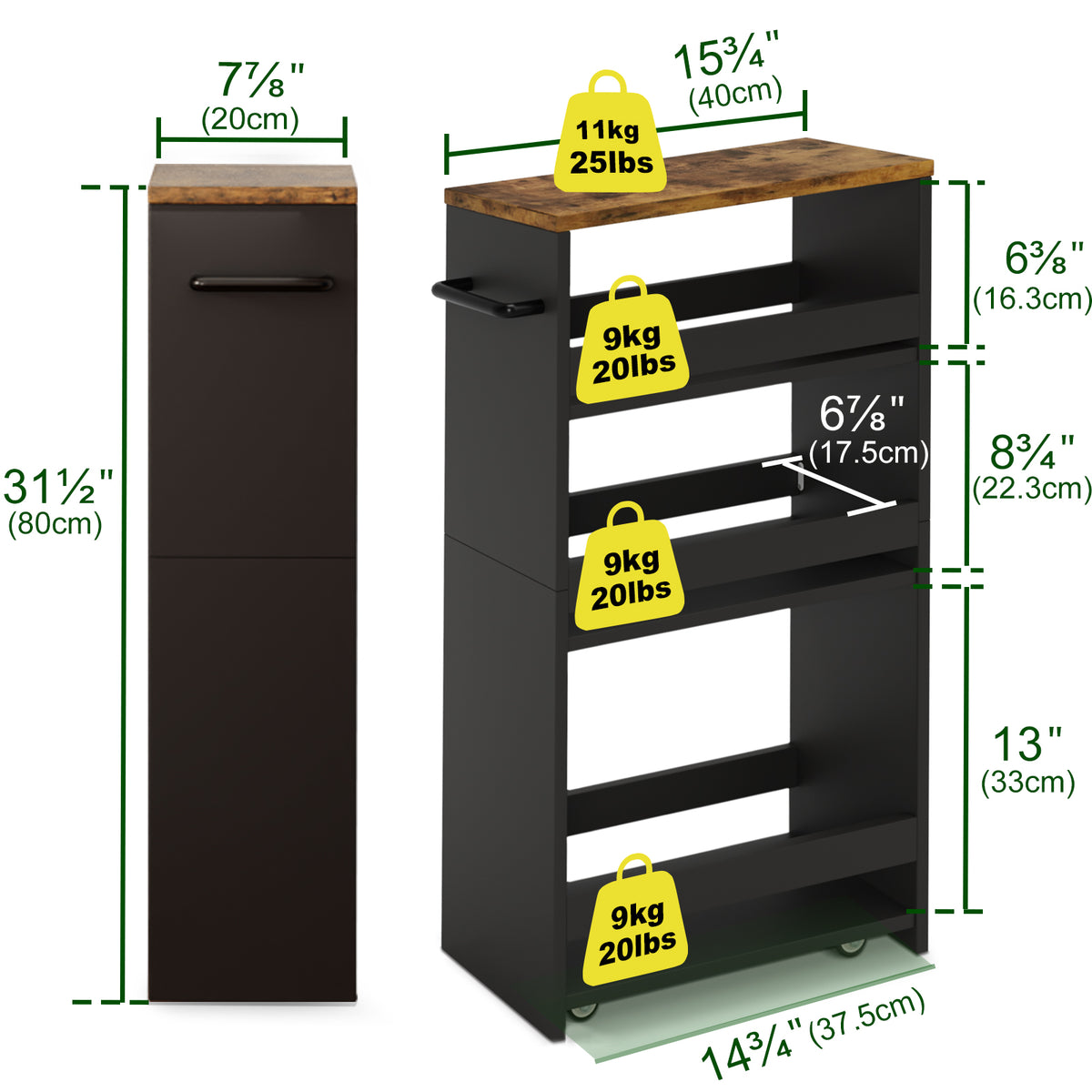 Slim Rolling Storage Cart, Wood 4-Tier Narrow Kitchen/Laundry Cart