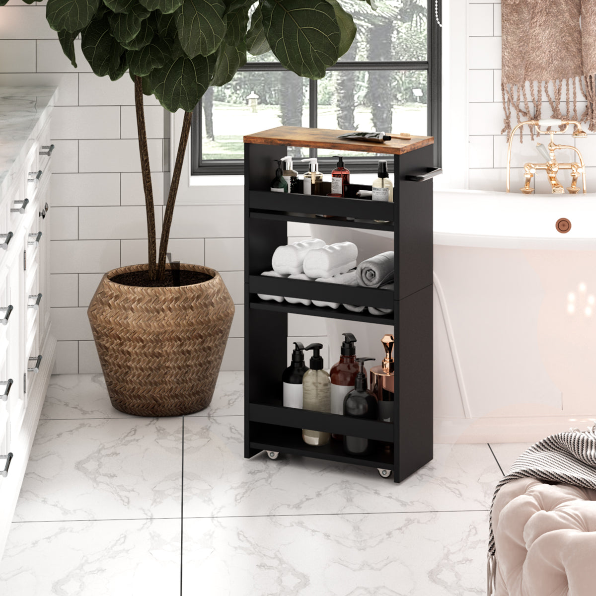 Slim Rolling Storage Cart, Wood 4-Tier Narrow Kitchen/Laundry Cart