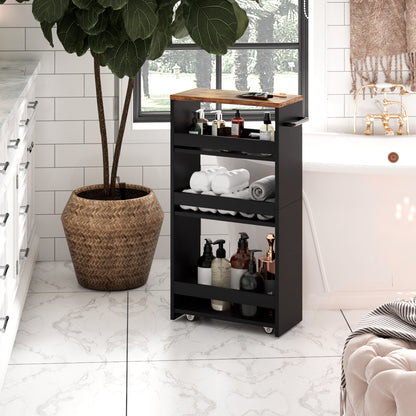 Slim Rolling Storage Cart, Wood 4-Tier Narrow Kitchen/Laundry Cart