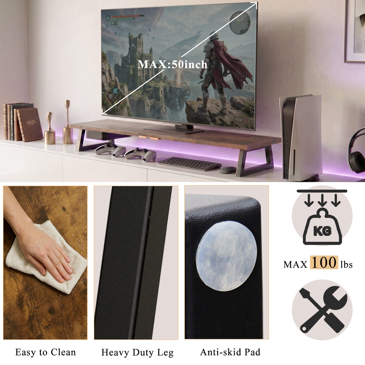 Teamix dual-screen riser creating practical storage underneath