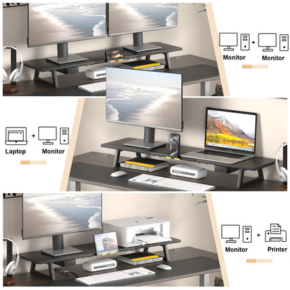 Teamix dual-screen riser creating practical storage underneath