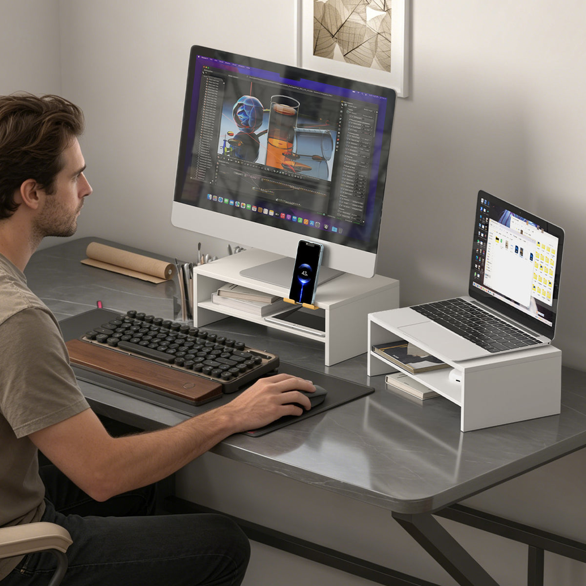 Teamix 16.1" 2-Tier Monitor Stand Riser with Phone Stand & Pen Holder