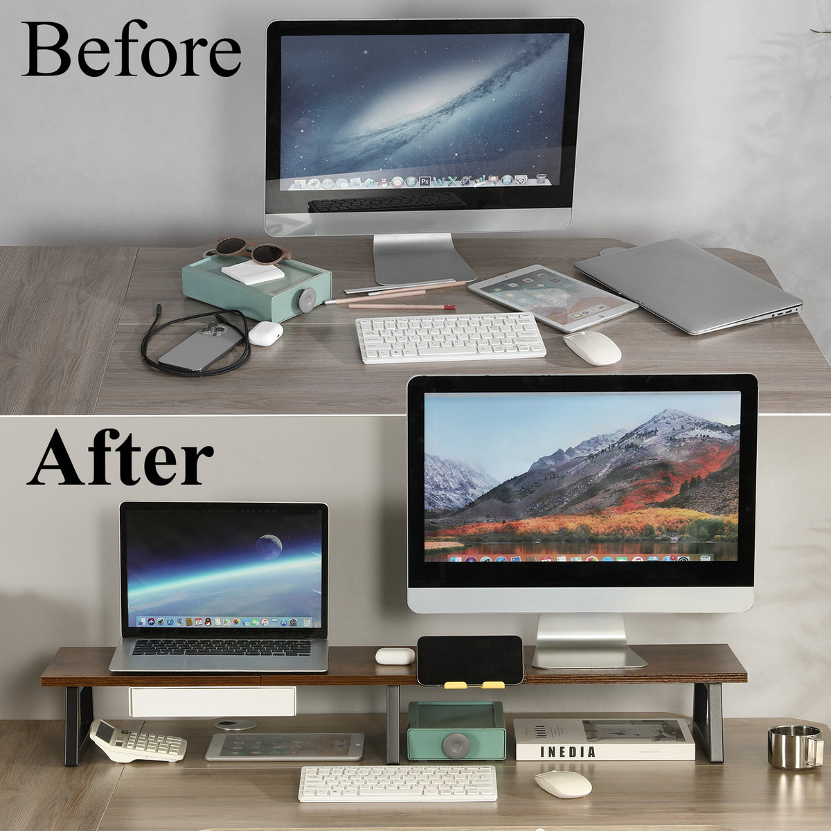 Teamix 39.4" Dual Monitor Stand Riser with Drawer & Phone Holder