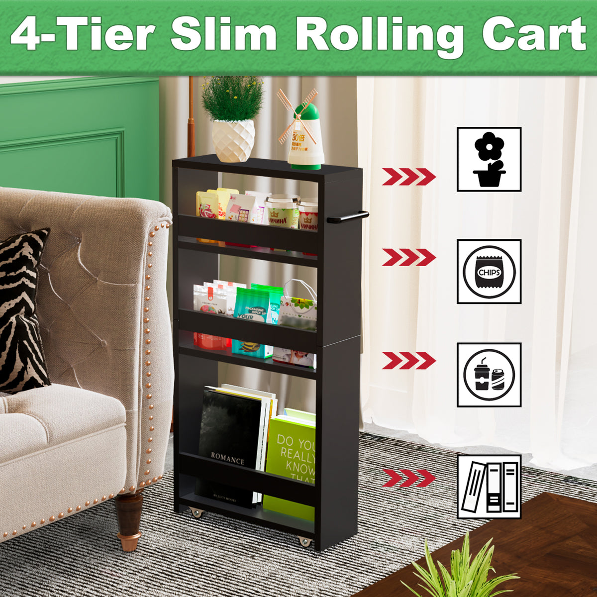 Teamix Slim Rolling Storage Cart 4-Tier, 5.5" Narrow Wood Organizer