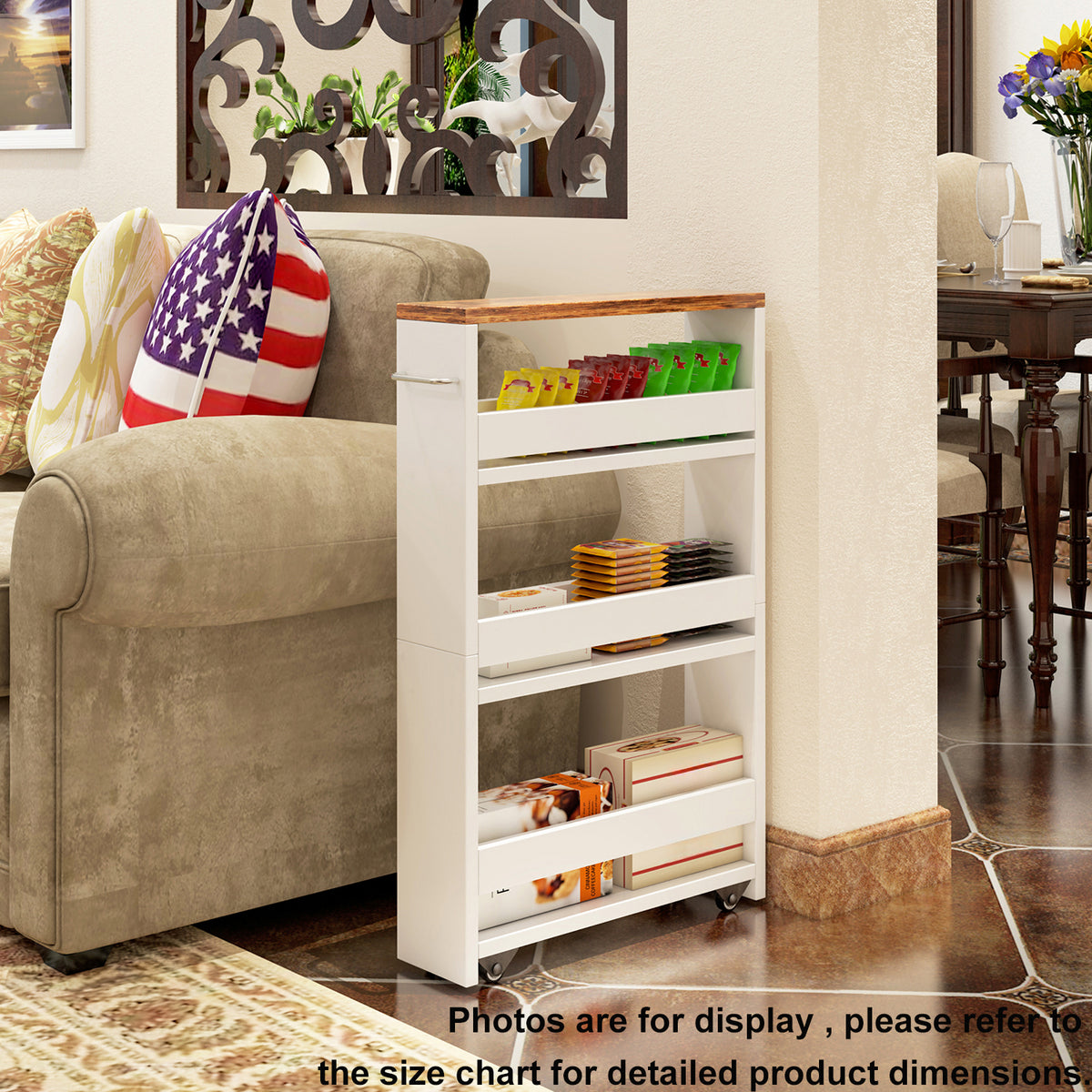 Teamix Slim Rolling Storage Cart 4-Tier, 5.5" Narrow Wood Organizer
