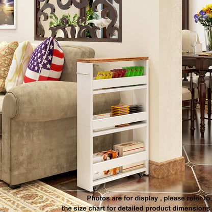 Teamix Slim Rolling Storage Cart 4-Tier, 5.5" Narrow Wood Organizer