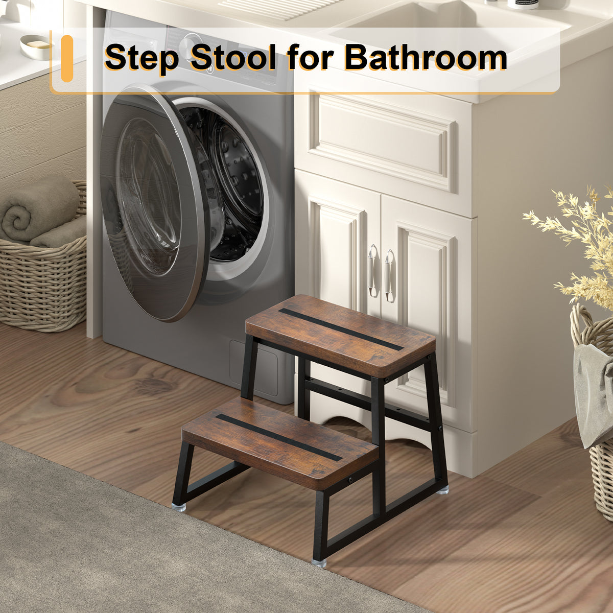 Teamix 2-Step Stool for Adults, 500 lb Heavy-Duty Wood Step Stool.