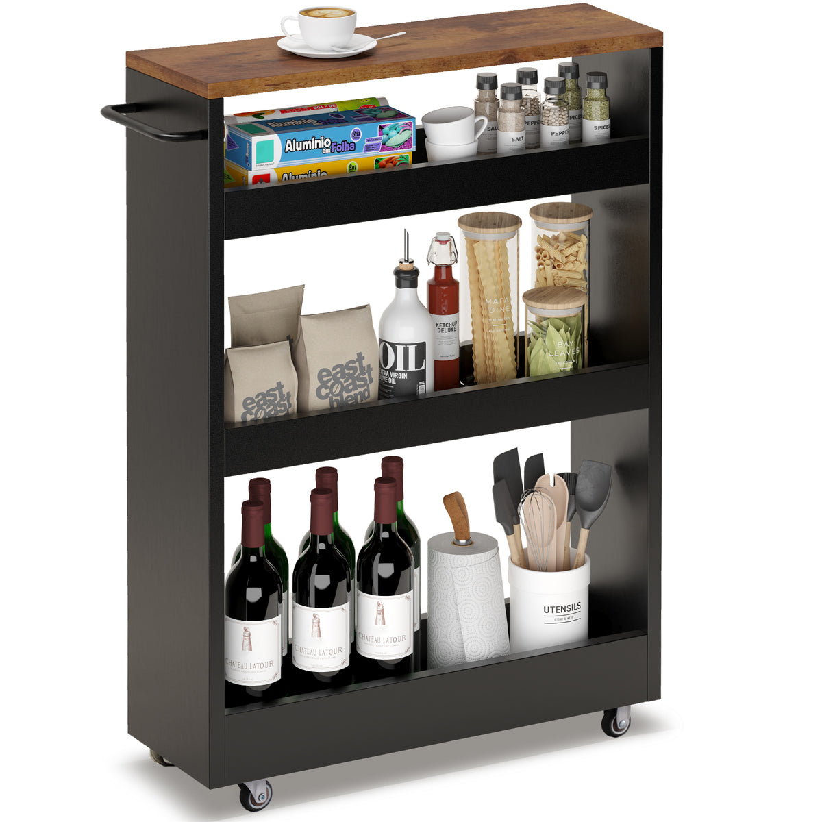 Wood 4-Tier Slim Rolling Storage Cart, 7.9"W, 24.8"D, 36.7"H