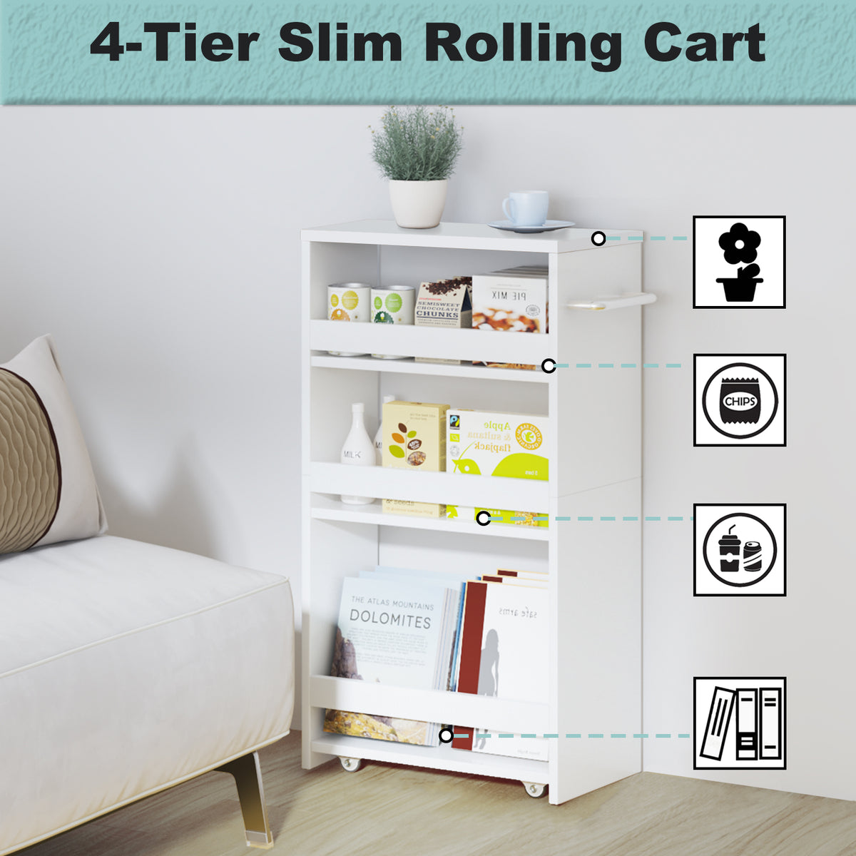 Slim Rolling Storage Cart, Wood 4-Tier Narrow Kitchen/Laundry Cart