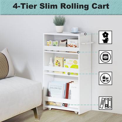 Slim Rolling Storage Cart, Wood 4-Tier Narrow Kitchen/Laundry Cart