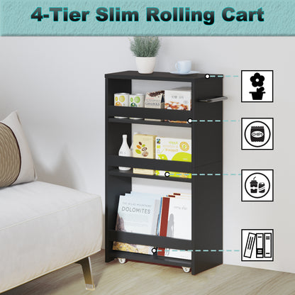 Slim Rolling Storage Cart, Wood 4-Tier Narrow Kitchen/Laundry Cart