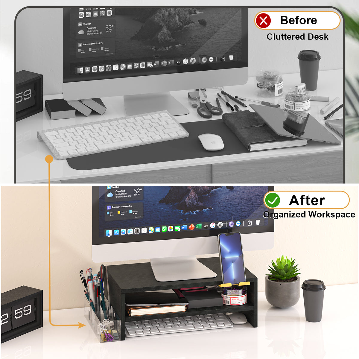 Teamix 16.1" 2-Tier Monitor Stand Riser with Phone Stand & Pen Holder
