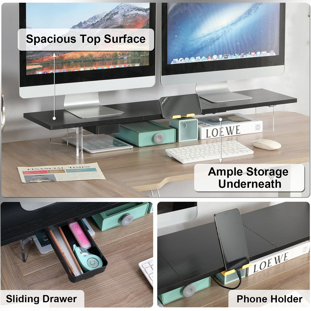 Teamix 39.4" Dual Monitor Stand Riser with Drawer & Acrylic Legs