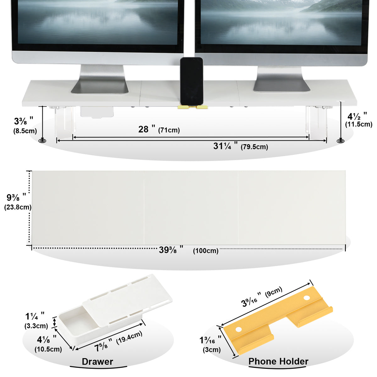 Teamix 39.4" Dual Monitor Stand Riser with Drawer & Acrylic Legs