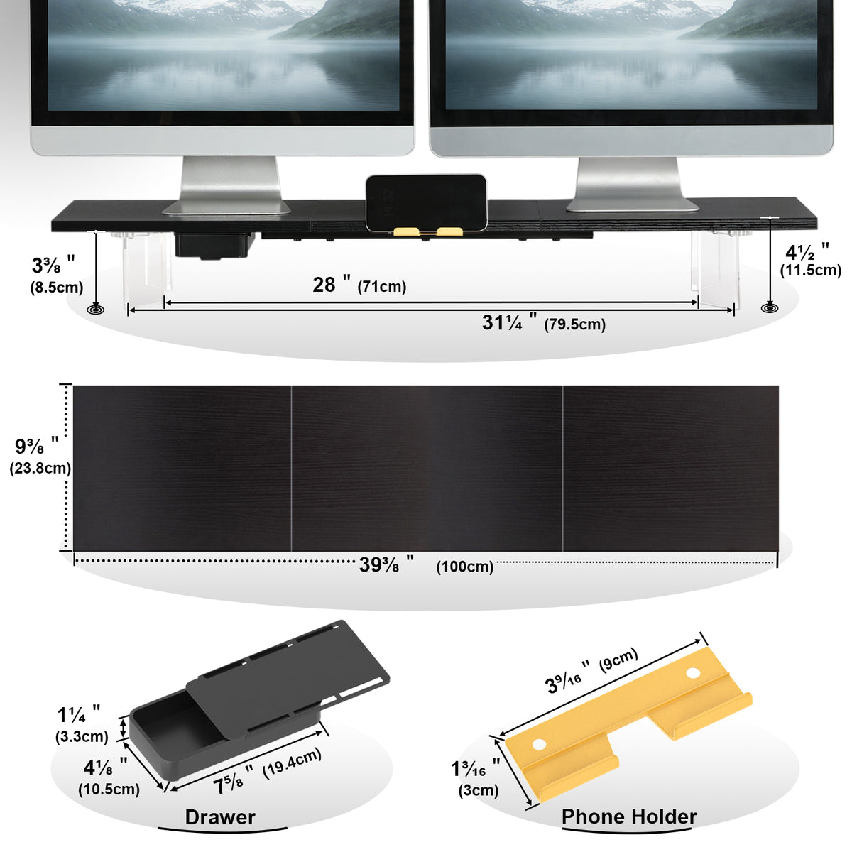 Teamix 39.4" Dual Monitor Stand Riser with Drawer & Acrylic Legs