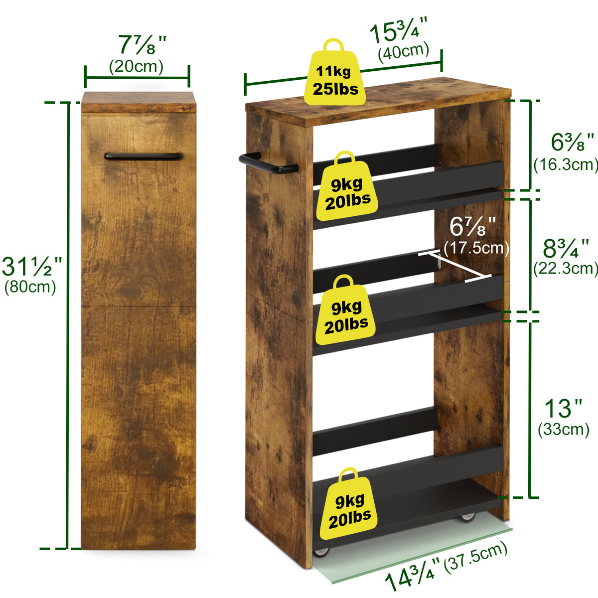 Slim Rolling Storage Cart, Wood 4-Tier Narrow Kitchen/Laundry Cart