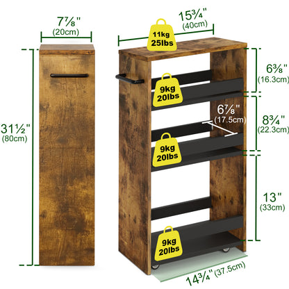 Slim Rolling Storage Cart, Wood 4-Tier Narrow Kitchen/Laundry Cart