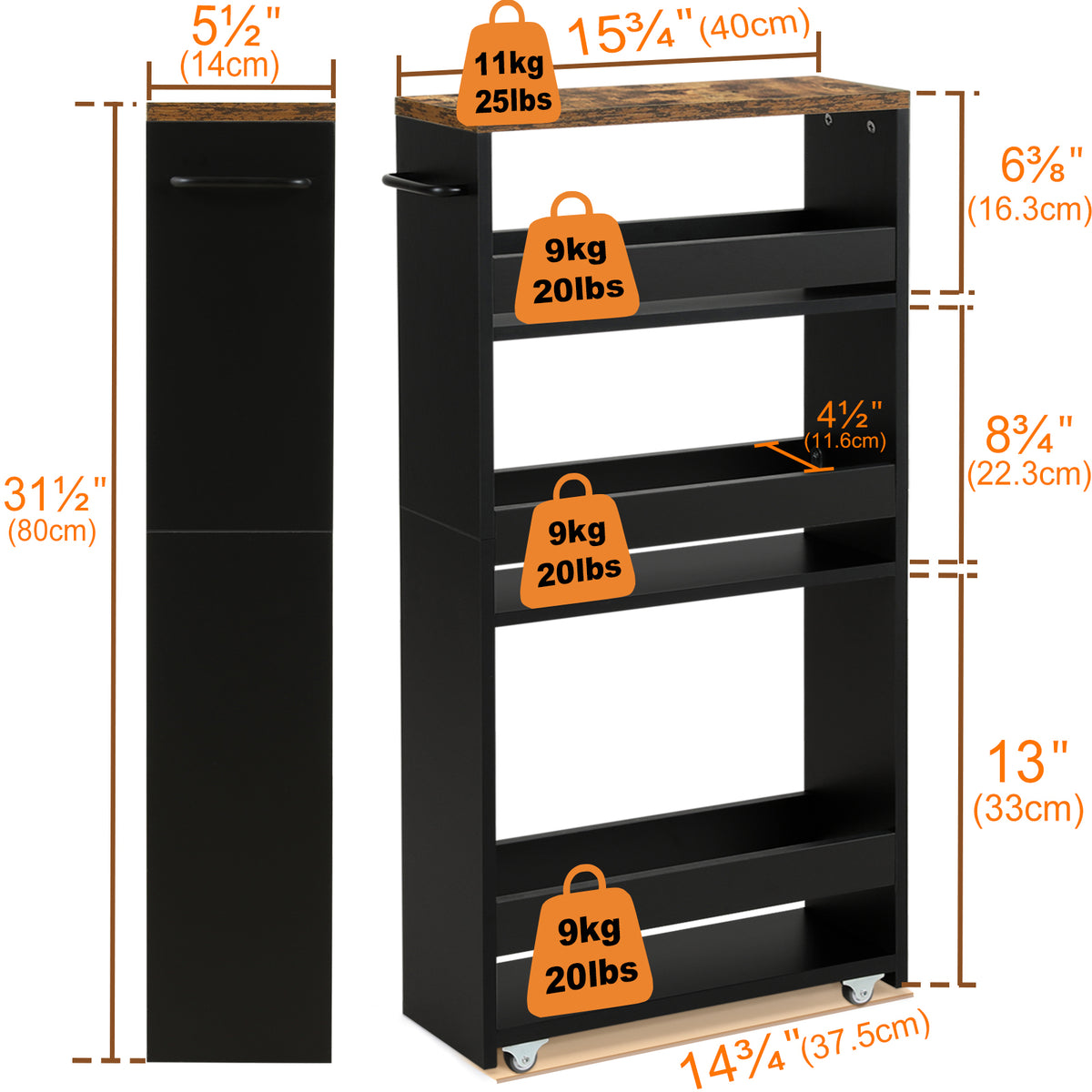 Teamix Slim Rolling Storage Cart 4-Tier, 5.5" Narrow Wood Organizer