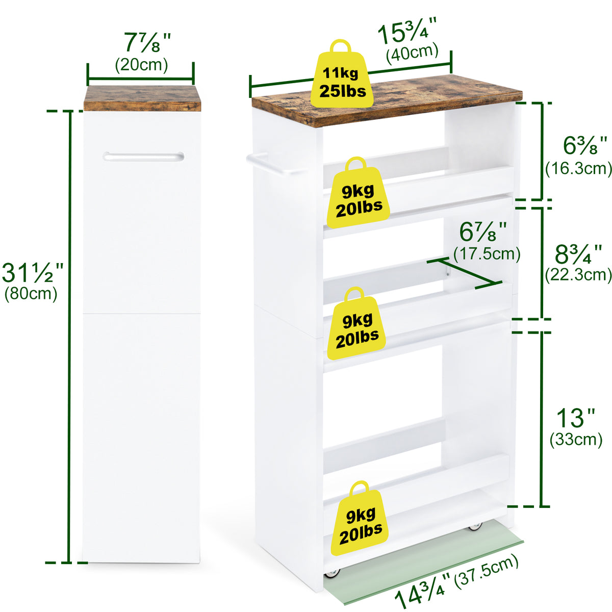 Slim Rolling Storage Cart, Wood 4-Tier Narrow Kitchen/Laundry Cart