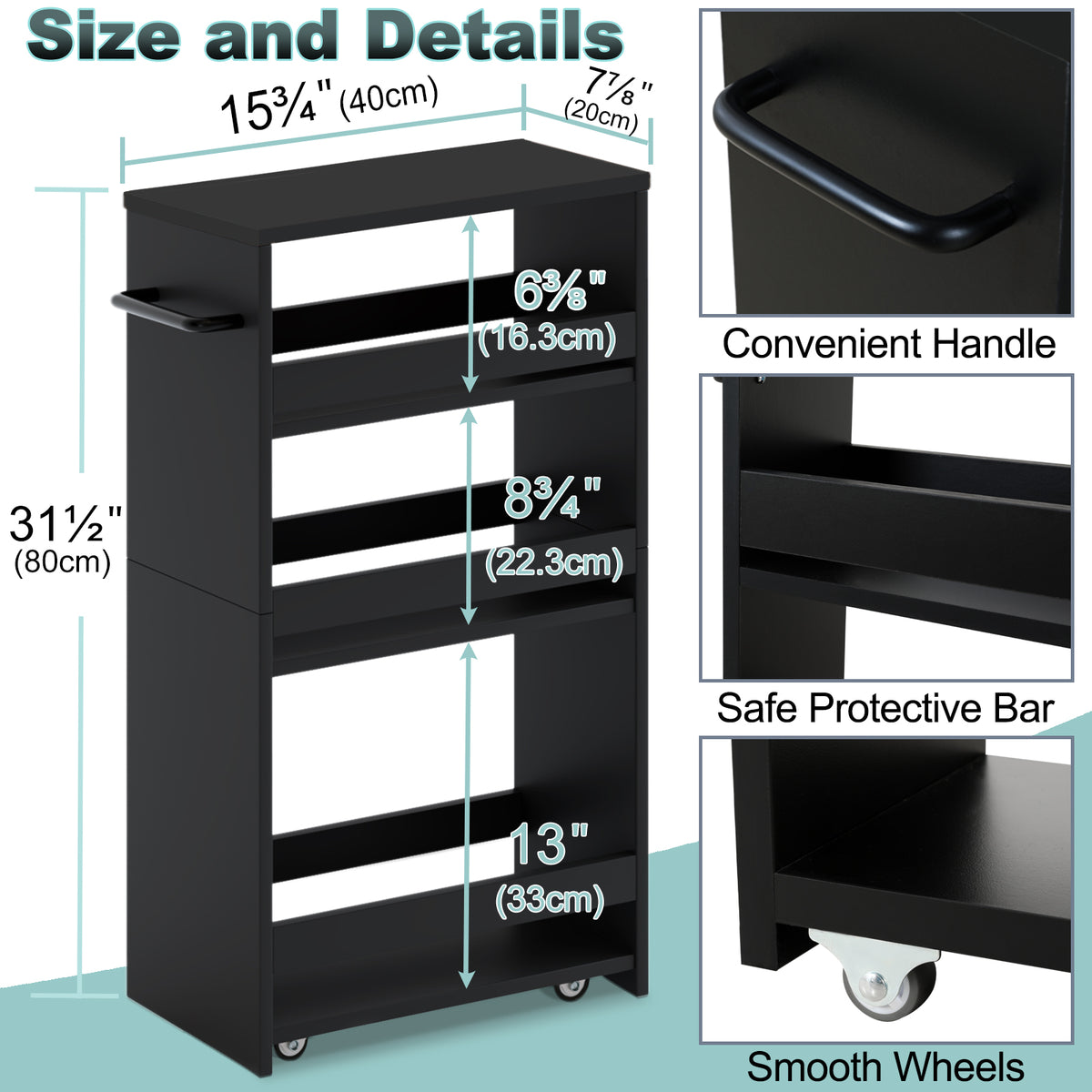 Slim Rolling Storage Cart, Wood 4-Tier Narrow Kitchen/Laundry Cart