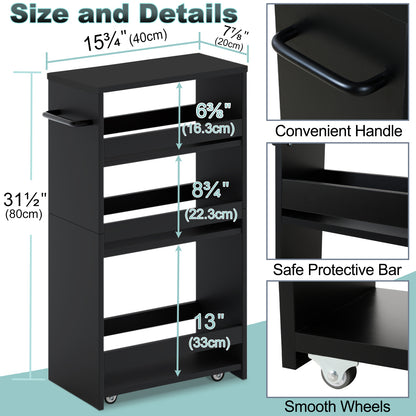 Slim Rolling Storage Cart, Wood 4-Tier Narrow Kitchen/Laundry Cart