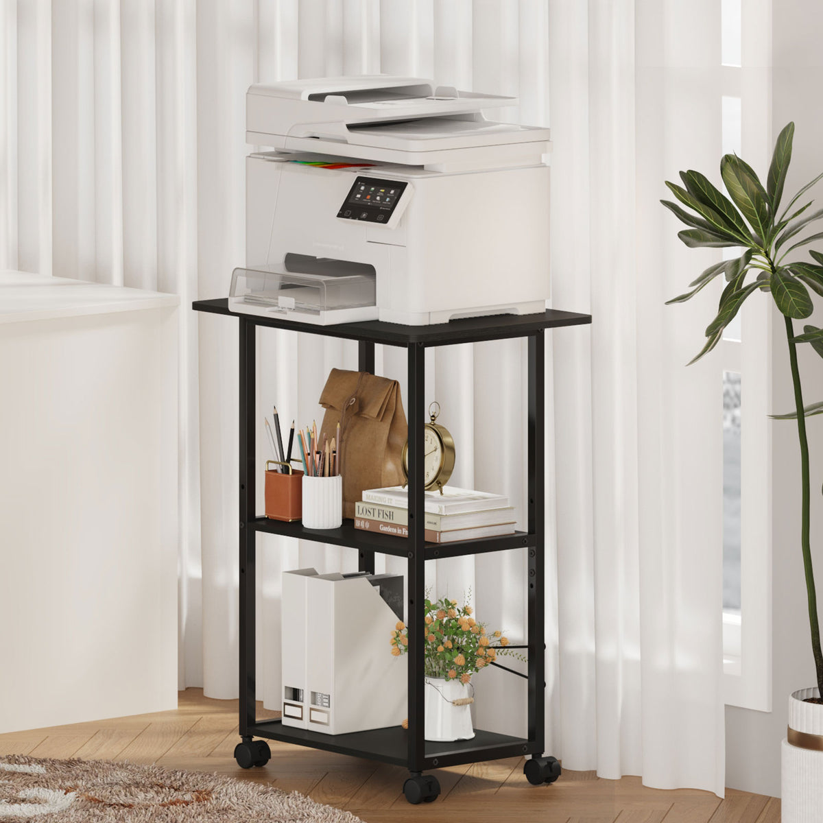Teamix Rolling Printer Stand, 3-Tier 22" Mobile Printer Cart with Adjustable Shelf