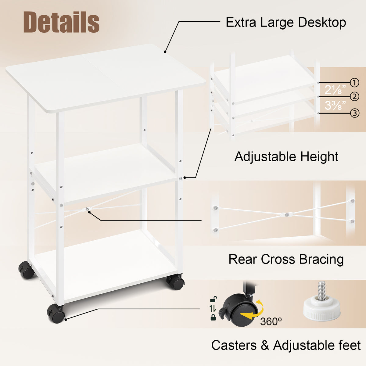 Teamix Rolling Printer Stand, 3-Tier 22" Mobile Printer Cart with Adjustable Shelf